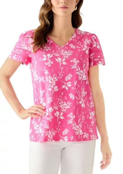 Women's V-Neck Flutter Sleeve Print T-Shirt