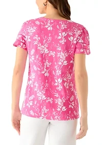 Women's V-Neck Flutter Sleeve Print T-Shirt