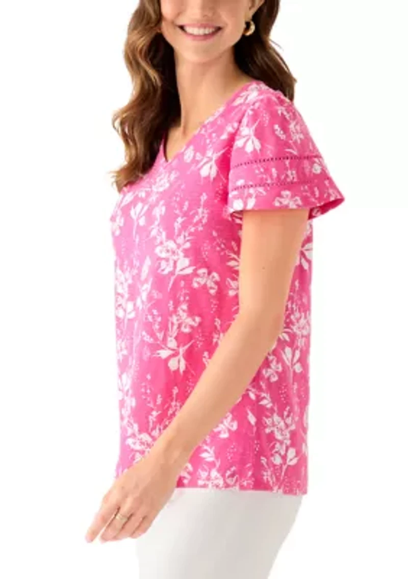 Women's V-Neck Flutter Sleeve Print T-Shirt