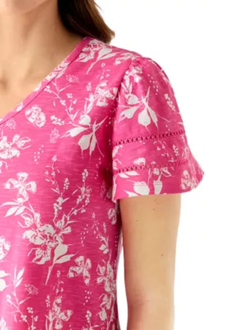 Women's V-Neck Flutter Sleeve Print T-Shirt