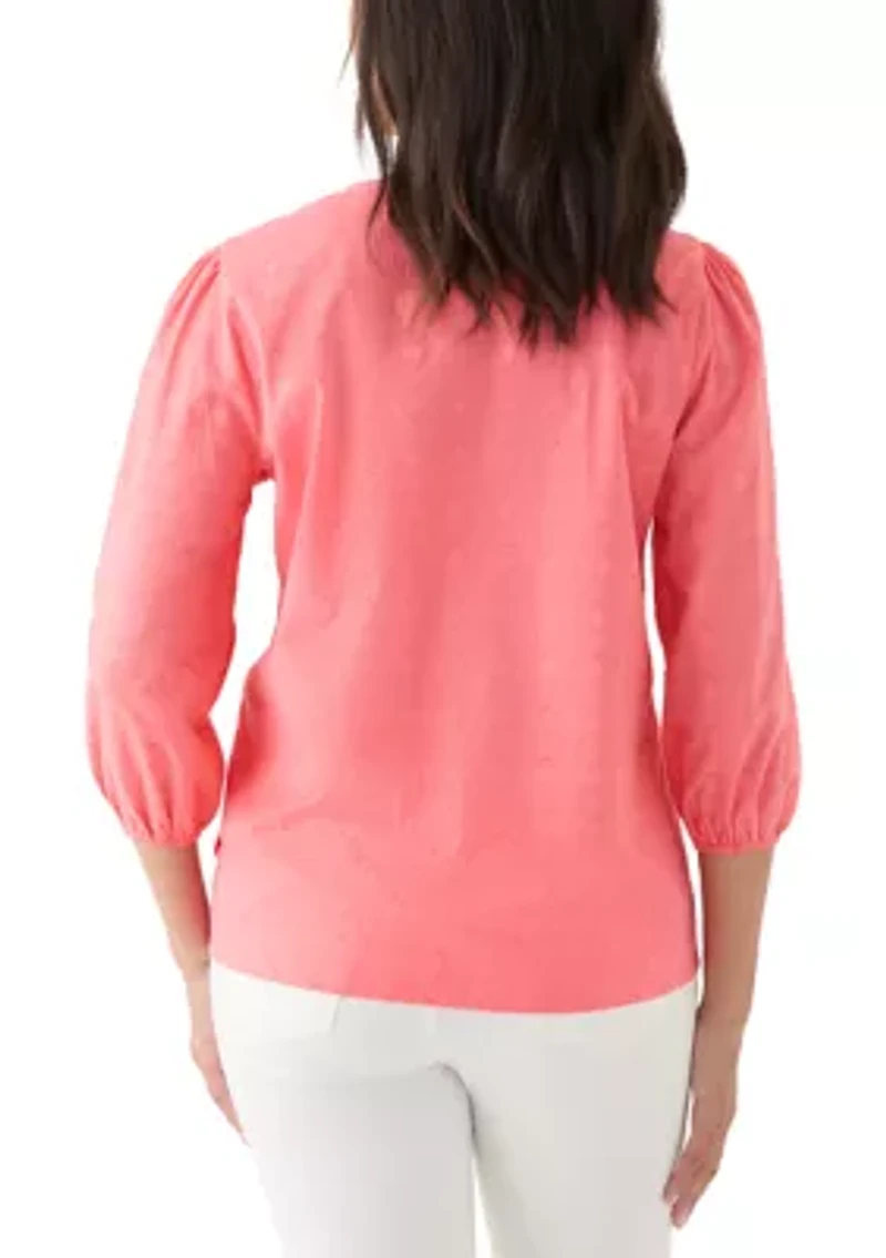 Women's 3/4 Sleeve V-neck Solid Textured Top