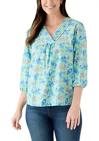 Women's 3/4 V-Neck Texture Printed Top