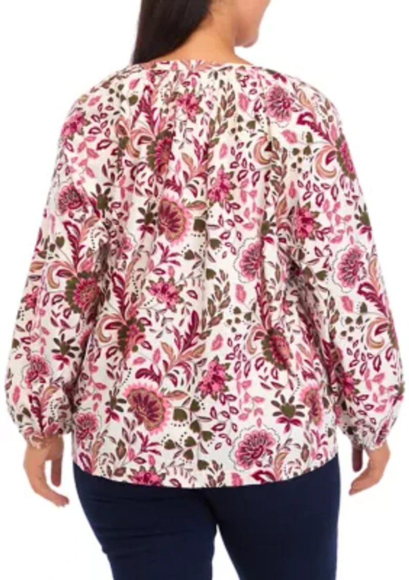 Plus Long Sleeve Printed Peasant Top