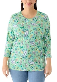 Plus Three-Quarter Sleeve Printed Crew Neck Top