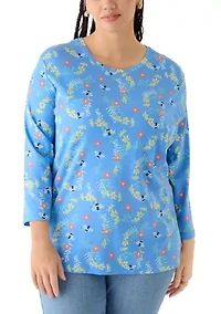 Plus Three-Quarter Sleeve Printed Crew Neck Top