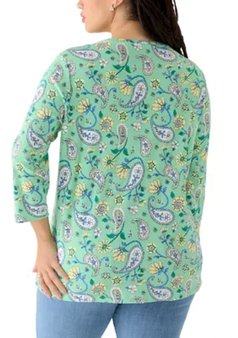 Plus Three-Quarter Sleeve Printed Crew Neck Top