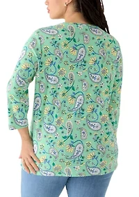 Plus Three-Quarter Sleeve Printed Crew Neck Top