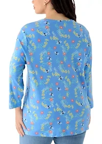 Plus Three-Quarter Sleeve Printed Crew Neck Top