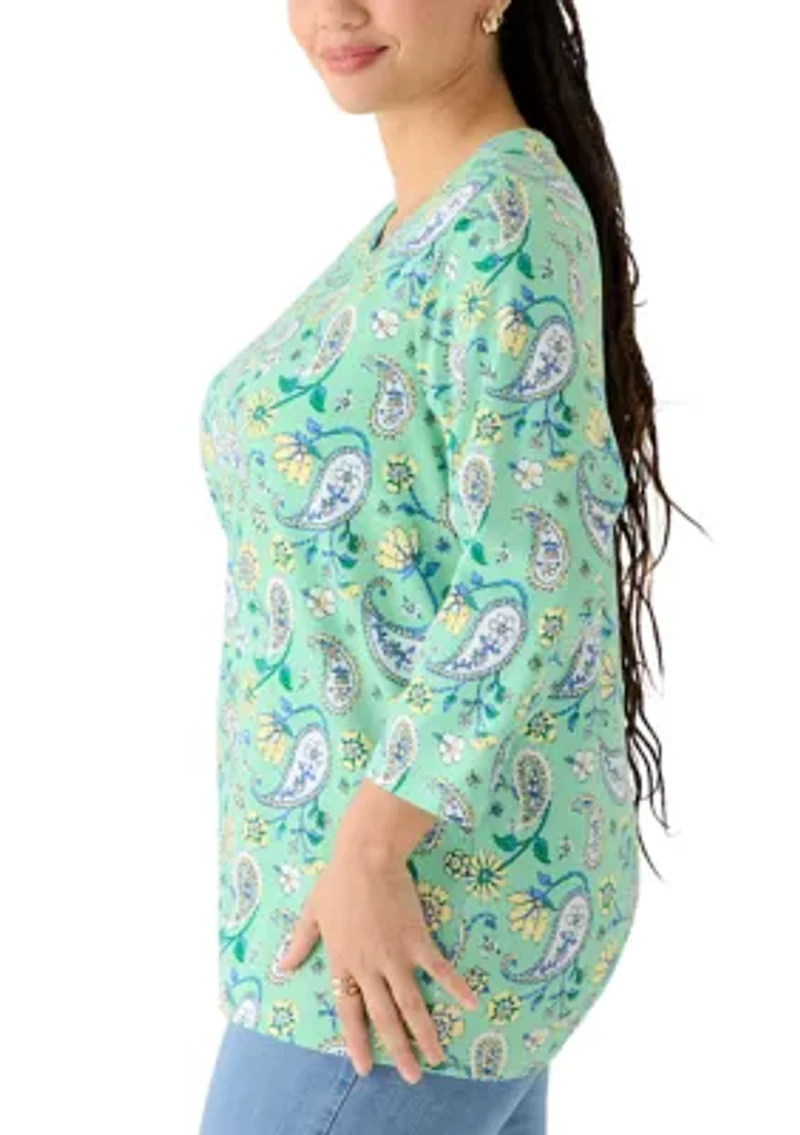 Plus Three-Quarter Sleeve Printed Crew Neck Top