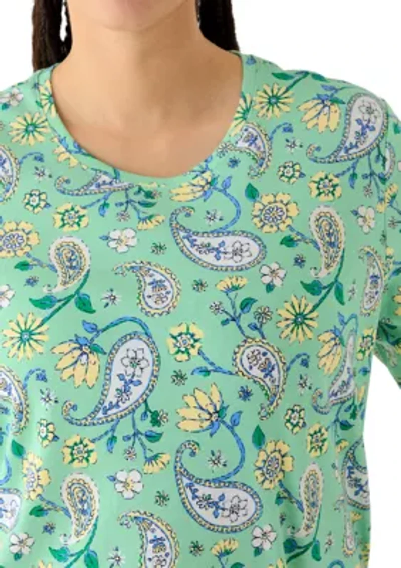 Plus Three-Quarter Sleeve Printed Crew Neck Top