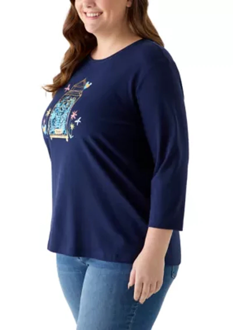 Plus 3/4 Sleeve Crew Neck Graphic Shirt