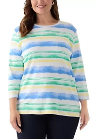 Plus Three-Quarter Sleeve Crew Neck Striped Top