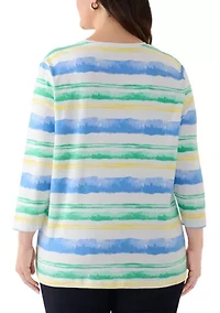 Plus Three-Quarter Sleeve Crew Neck Striped Top