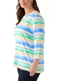 Plus Three-Quarter Sleeve Crew Neck Striped Top