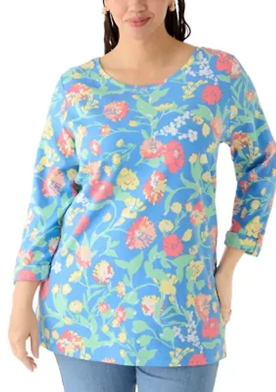 Plus 3/4 Sleeve Tunic with Tab Print