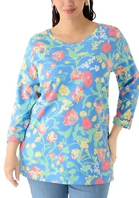 Plus 3/4 Sleeve Tunic with Tab Print