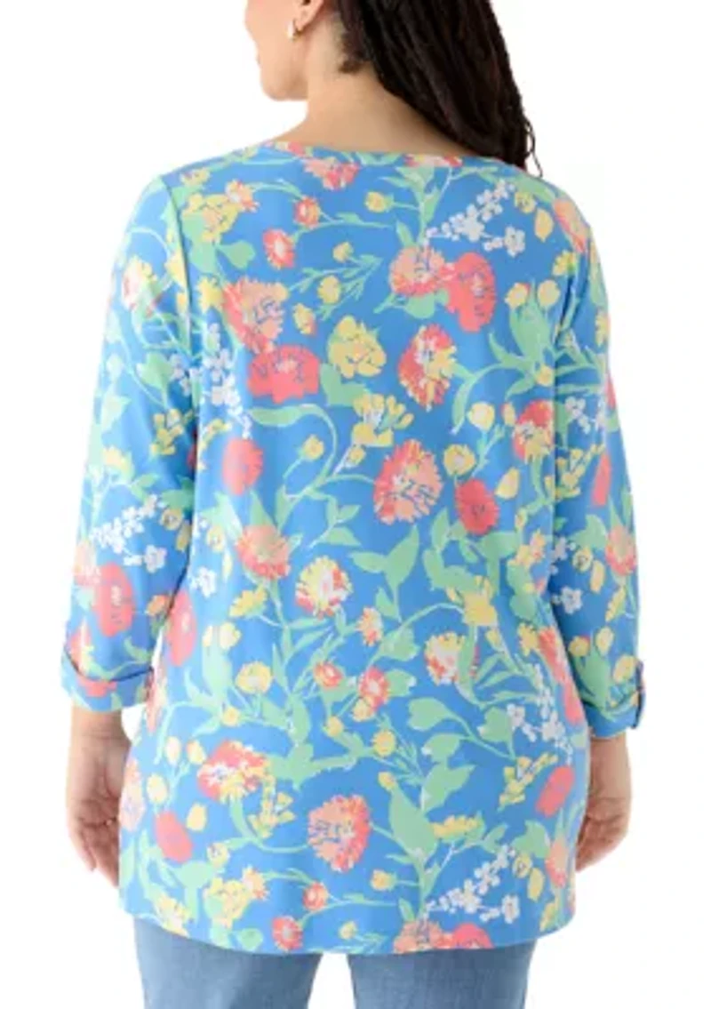 Plus 3/4 Sleeve Tunic with Tab Print