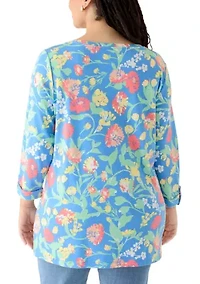 Plus 3/4 Sleeve Tunic with Tab Print