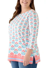 Plus 3/4 Sleeve Tunic with Tab Border