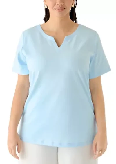 Plus Short Sleeve Split Neck Heather T-Shirt