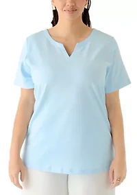 Plus Short Sleeve Split Neck Heather T-Shirt