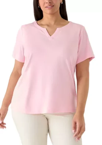 Plus Short Sleeve Split Neck Heather T-Shirt