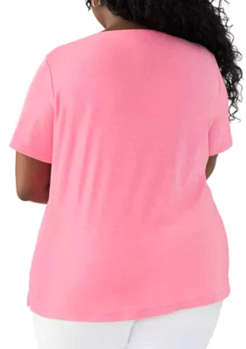 Plus Short Sleeve Split Neck Heather T-Shirt