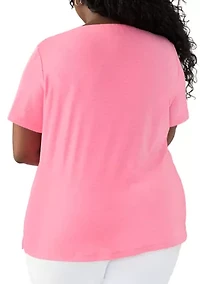 Plus Short Sleeve Split Neck Heather T-Shirt