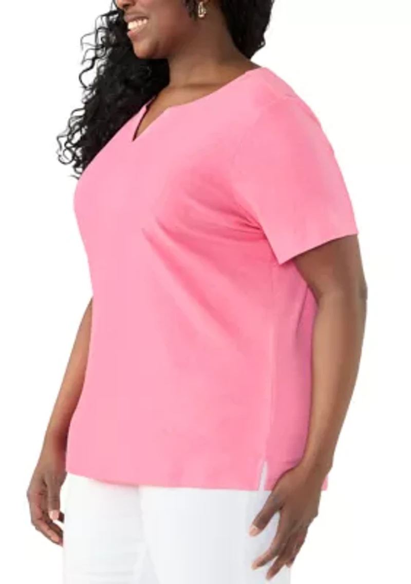 Plus Short Sleeve Split Neck Heather T-Shirt