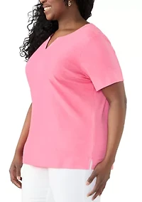 Plus Short Sleeve Split Neck Heather T-Shirt