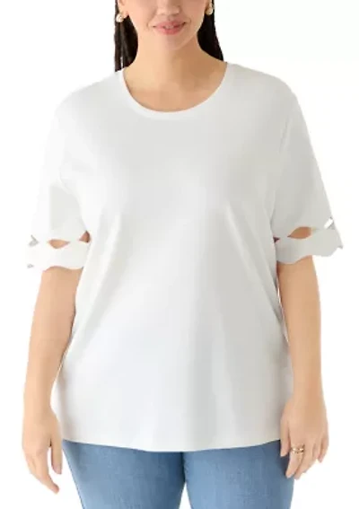Plus Elbow Sleeve T-Shirt with Scallop Details