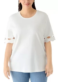 Plus Elbow Sleeve T-Shirt with Scallop Details