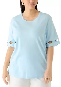 Plus Elbow Sleeve T-Shirt with Scallop Details