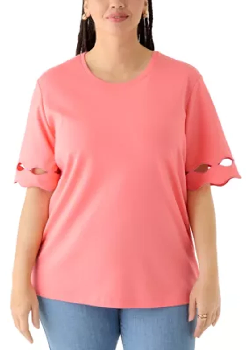 Plus Elbow Sleeve T-Shirt with Scallop Details