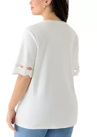 Plus Elbow Sleeve T-Shirt with Scallop Details