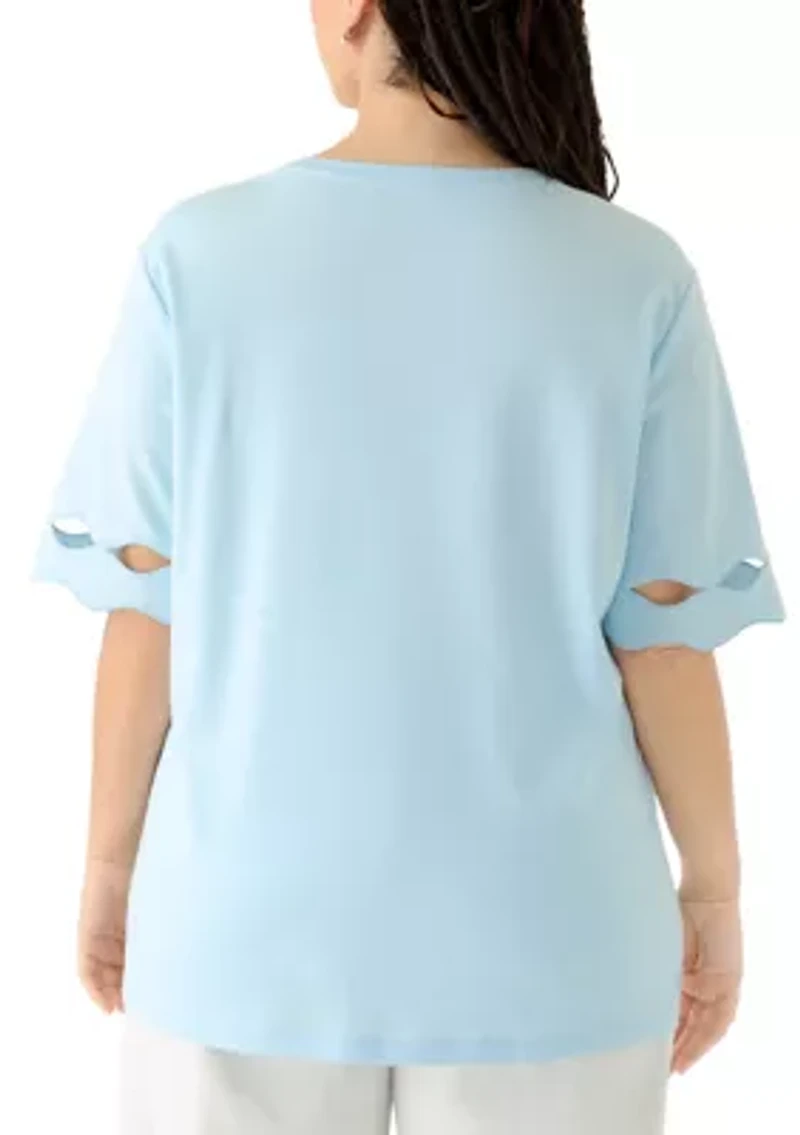 Plus Elbow Sleeve T-Shirt with Scallop Details