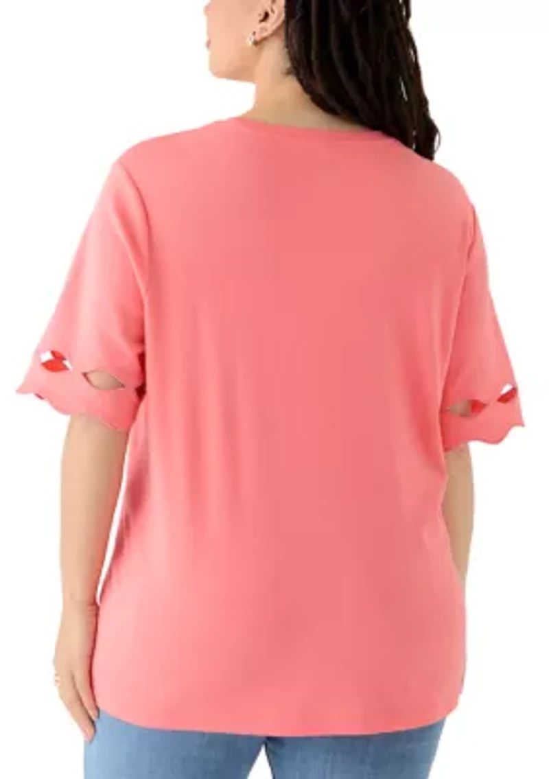 Plus Elbow Sleeve T-Shirt with Scallop Details