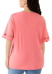 Plus Elbow Sleeve T-Shirt with Scallop Details