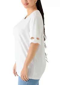 Plus Elbow Sleeve T-Shirt with Scallop Details