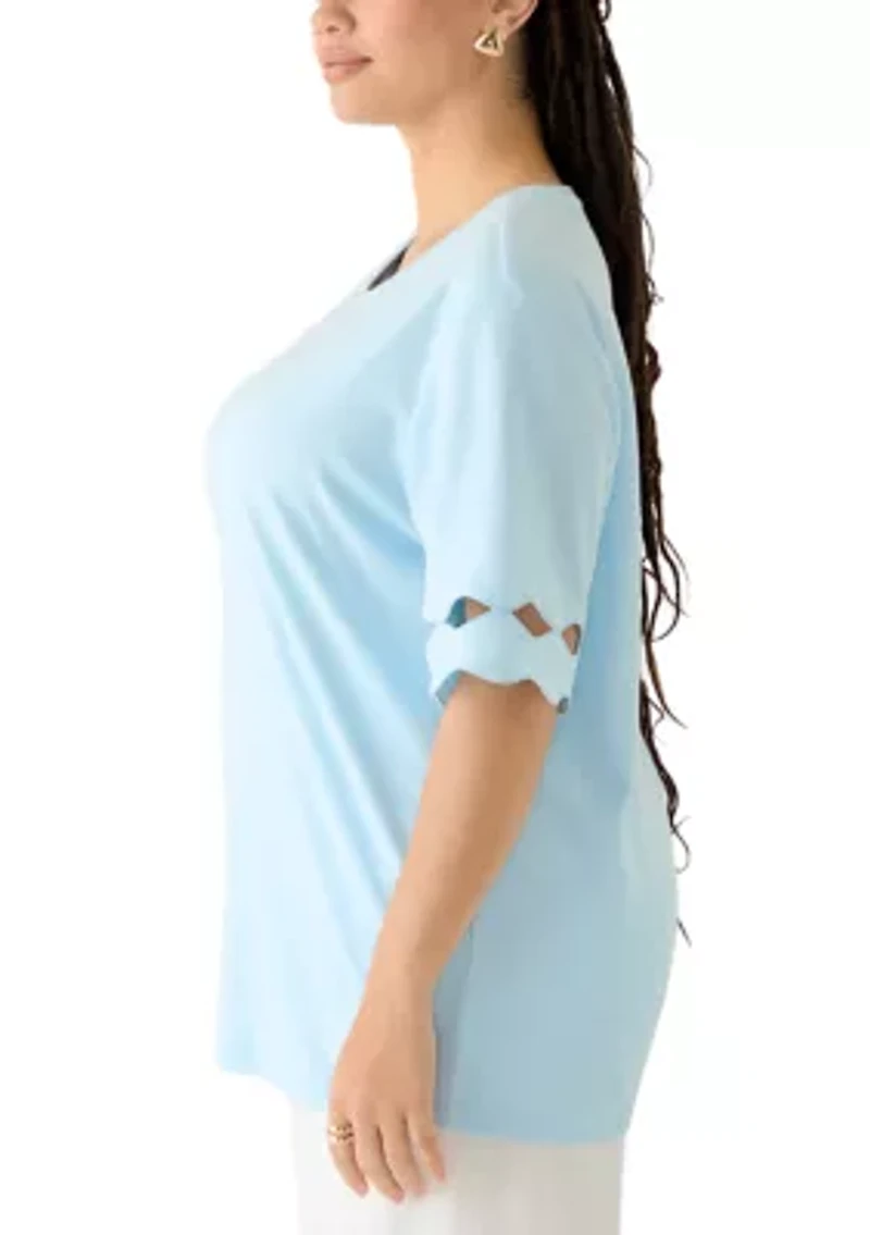 Plus Elbow Sleeve T-Shirt with Scallop Details