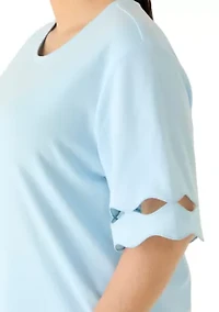 Plus Elbow Sleeve T-Shirt with Scallop Details