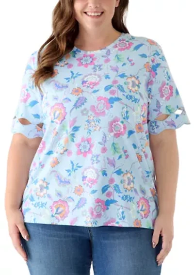 Plus Elbow Sleeve T-Shirt with Scallop Details