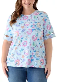 Plus Elbow Sleeve T-Shirt with Scallop Details