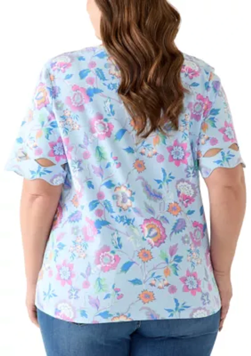 Plus Elbow Sleeve T-Shirt with Scallop Details