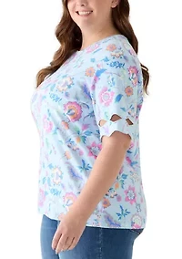 Plus Elbow Sleeve T-Shirt with Scallop Details