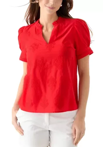Women's Short Sleeve Embroidered Woven Top