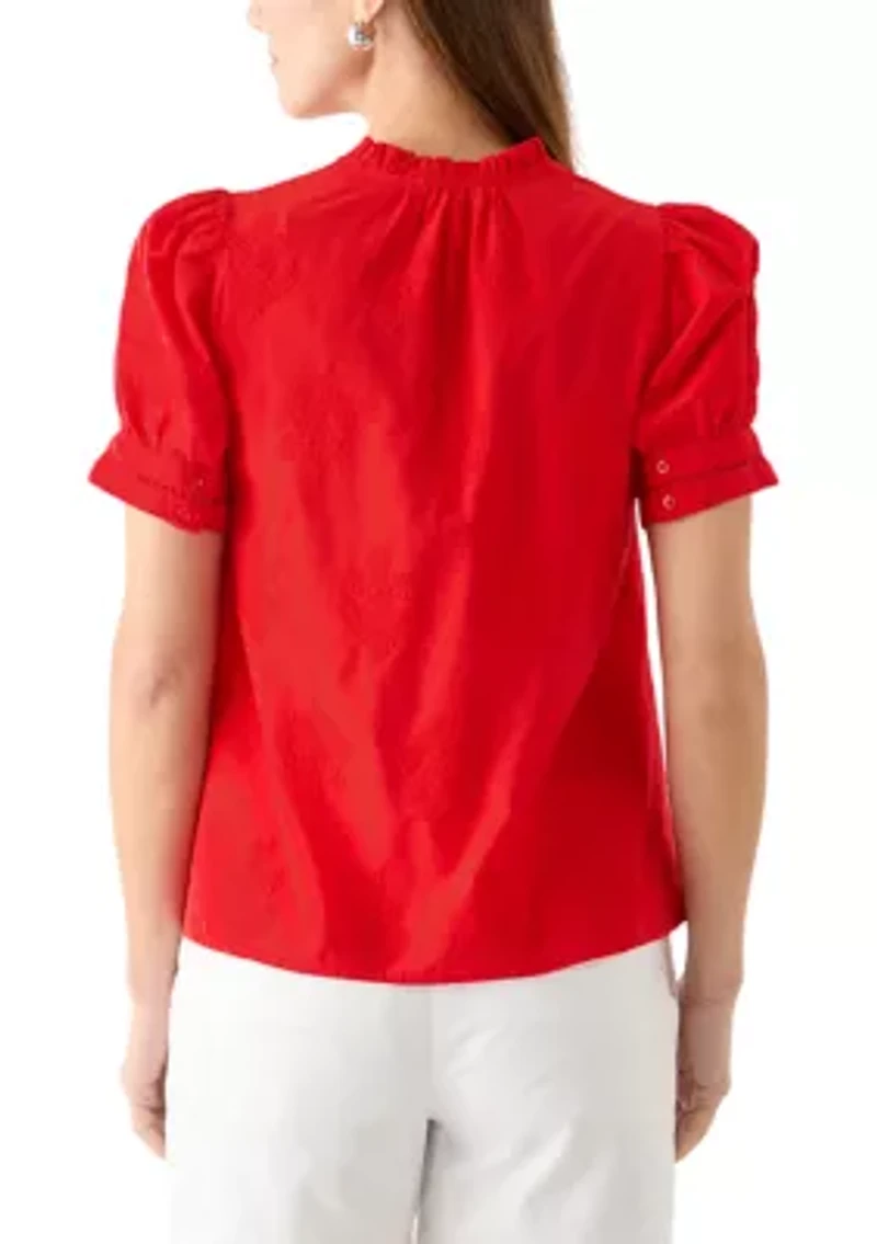 Women's Short Sleeve Embroidered Woven Top