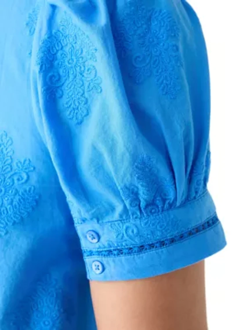 Women's Short Sleeve Embroidered Woven Top