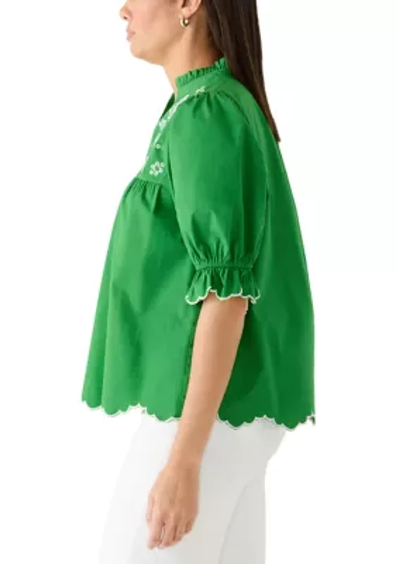 Women's Elbow Puff Sleeve Eyelet Top