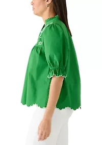 Women's Elbow Puff Sleeve Eyelet Top